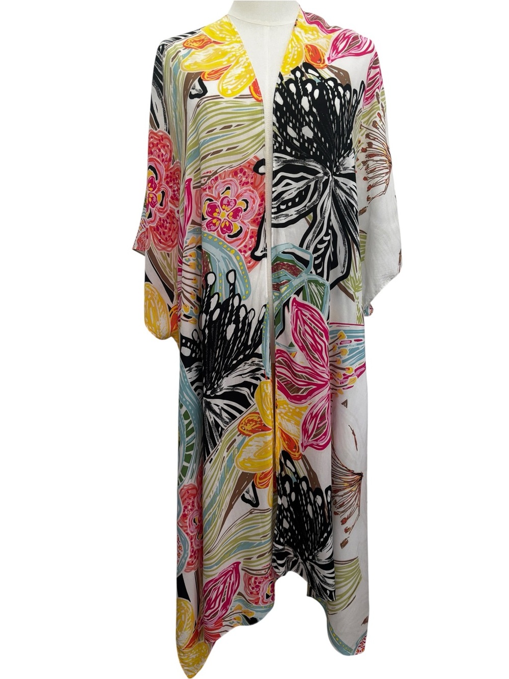 Chico's Floral Tropical Open Front Kimono Duster Flowy Cover Up Colorful OS